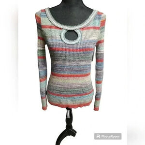 Free People Sunshine Daydream Keyhole Sweater in Multi Striped Combo